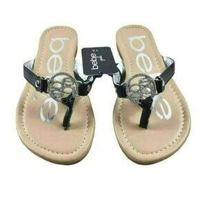 Bebe Kids Girls Shoes Black Rhinestone Logo Flip Flop Sandals New Size 12